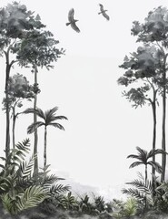 Artistic depiction of a serene tropical forest with tall trees, lush foliage, and two birds flying in the sky. Nature scenery in monochrome tones.