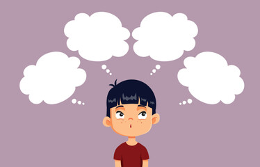 Little Child Overthinking his Problems Vector Cartoon Character. Curious student having many thoughts being undecided 

