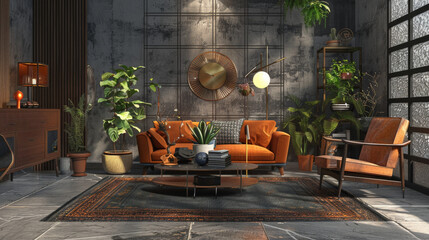 Modern 3D Room Interior with Stylish Furniture and Textured Decor Elements