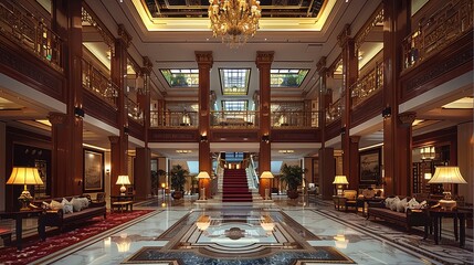 A large hotel lobby with Chinese style decoration, wooden furniture and chandeliers hanging from...