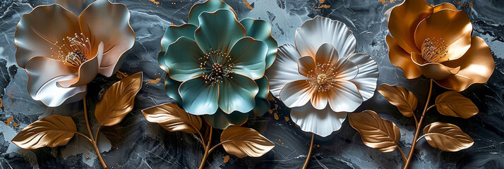 three panel wall art, marble background with golden and silver Teal Flower Plants designs, wall decoration
