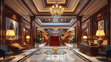 Obraz premium A large hotel lobby with Chinese style decoration, wooden furniture and chandeliers hanging from the ceiling, marble floors, staircase in background with red carpet. Generative AI.