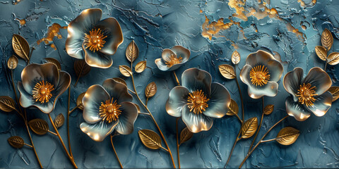 three panel wall art, marble background with golden and silver Teal Flower Plants designs, wall decoration