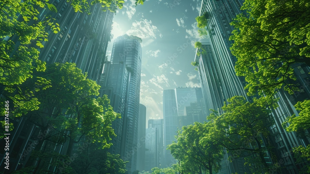 Wall mural futuristic city with a skyscrapers and green forest lush