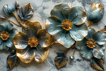 three panel wall art, marble background with golden and silver Teal Flower Plants designs, wall decoration