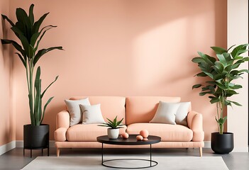  Livingroom with accent bright peach fuzz 2024 sofa and pale orange coral wall. Large sofa with cushions in velor fabric. Lounge area in the home. Mockup luxury design room and furniture. 3d render 