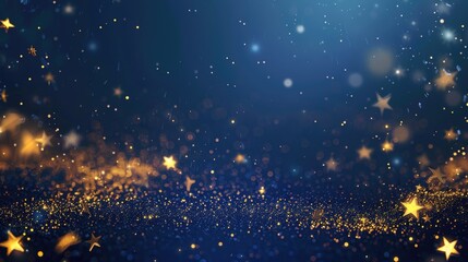 Abstract background with gold stars, particles and sparkling on navy blue. Christmas Golden light shine particles bokeh on navy blue background. 2025 New year background. Gold foil texture