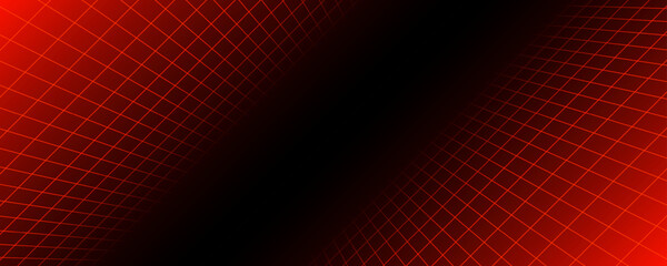 Red glowing neon wireframe background. Shining checkered diagonal grid planes in perspective. Retro futuristic depth wallpaper. Arcade game sci fi matrix surface backdrop for poster, banner. Vector
