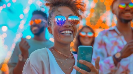 Multiethnic Group Enjoying Fitness Trackers During Sunny Park Run, Showcasing Wellness Technology