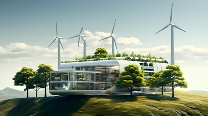 a hydrogen energy production facility with solar panels and wind turbines in the background,...
