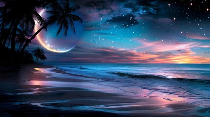 Tranquil tropical night. a beautiful beach at night with a crescent moon and palm trees.