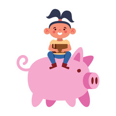 girl sitting on giant piggy bank