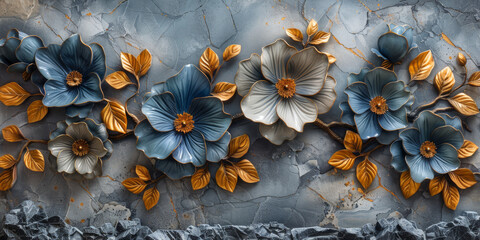 three panel wall art, marble background with golden and silver Teal Flower Plants designs, wall decoration