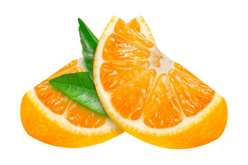 Orange slices with leaves on an isolated white background.