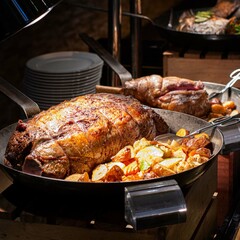 Festive Christmas goose with fried and crispy potatoes in the oven
