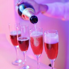 Beautiful colorful and red alcoholic cocktails with smoke at an outdoor party. Tequila, martini, vodka and other decorations.