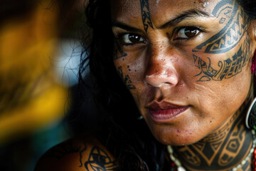 Intense gaze of an Indigenous Māori woman featuring traditional facial tattoos, rich in cultural heritage