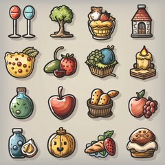 Collection of cute, colorful food and nature icons, perfect for digital use in apps, websites, and graphic design projects.