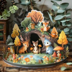 Charming woodland scene with cute forest animals, including deer, fox, and mushrooms, surrounded by autumn foliage and greenery.