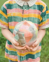 Child in colorful striped shirt holding a small geometric patterned ball outdoors, focus on the ball and hands.