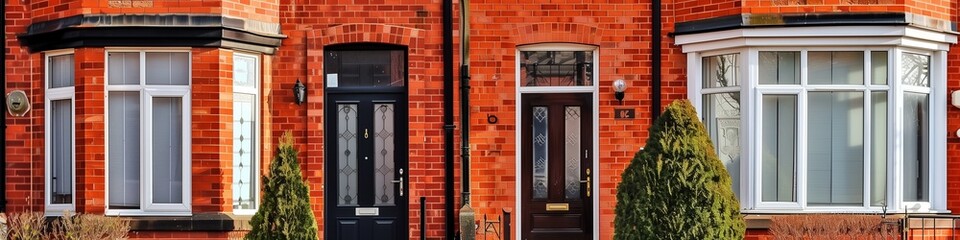 Charming red brick townhouse on the left, text-friendly plain backdrop on the right, suburban setting