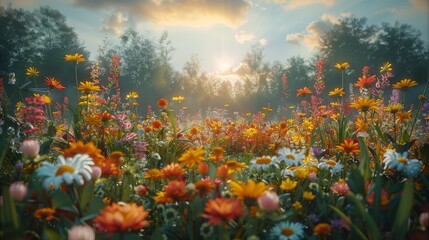 Forest garden with a variety of colorful hundred flowers, green tone, light sky. Generative AI.