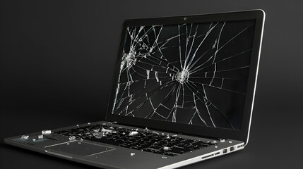 laptop on black,
 A laptop with a broken screen is shown on a bed 