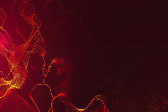 Passion, amour, &eacute;rotisme, sensualit&eacute;. Couple h&eacute;t&eacute;rosexuel qui s'embrasse en feu et ondes de fusion sur un fond rouge avec espace n&eacute;gatif copyspace  - St Valentin