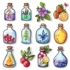 Colorful set of various potion bottles with flowers, fruits, and herbs, ideal for fantasy, magical, or health-themed designs.