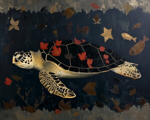 Colorful sea turtle with a blend of autumn leaves and ocean fish swimming gracefully in a serene underwater scene.