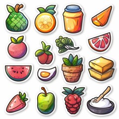 Colorful collection of fruit and vegetable stickers with vibrant designs, perfect for any creative project or digital use.