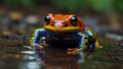 Fototapeta premium portrait of a beautifully patterned frog relaxing on a tree trunk with a blurred background