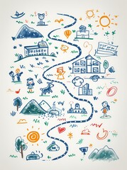 Colorful hand-drawn doodle art depicting various scenic elements, including houses, trees, mountains and people, on white background.