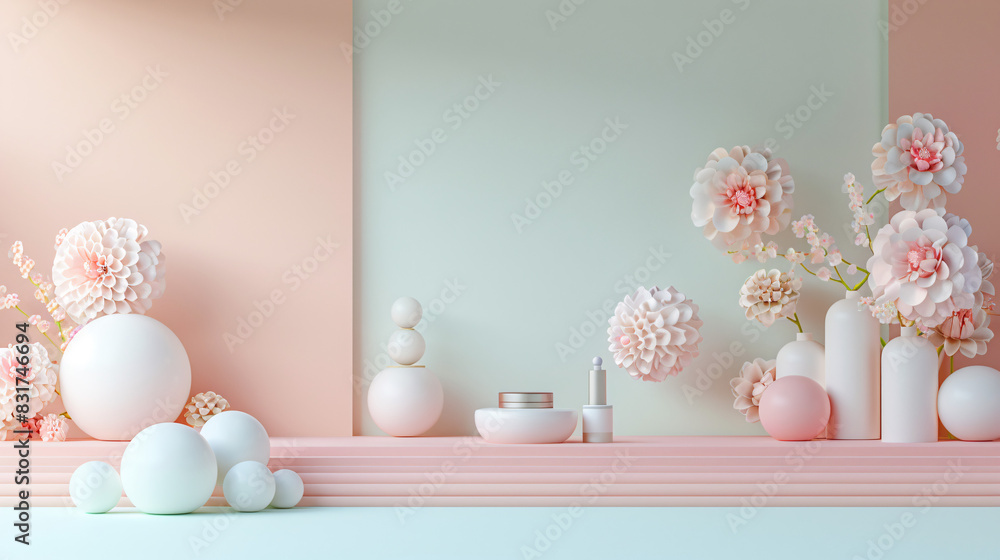Poster elegant 3d isometric scene for product display with a text placeholder on a pastel background