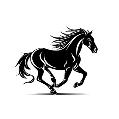 Obraz premium Black Horse Vector Illustration, Stylized black and white vector illustration of an elegant horse in motion with flowing mane and tail.