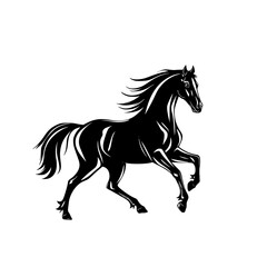 Black Horse Vector Illustration, Stylized black and white vector illustration of an elegant horse in motion with flowing mane and tail.