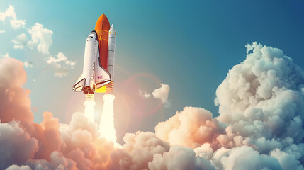 Space rocket in the sky, concept of goal and striving for success,Flying red rocket on blue sky background. Business and start up concept. 3D Rendering,Rocket taking off and flying with copy space. 

