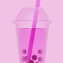 Bubble tea drink in a cup with a pink straw, boba, pink background, 3D render