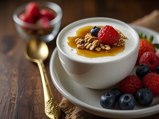 Bowl of Greek yogurt with honey and granola, topped with fresh berries, nutritious, genrative AI