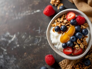 Bowl of Greek yogurt with honey and granola, topped with fresh berries, nutritious, genrative AI