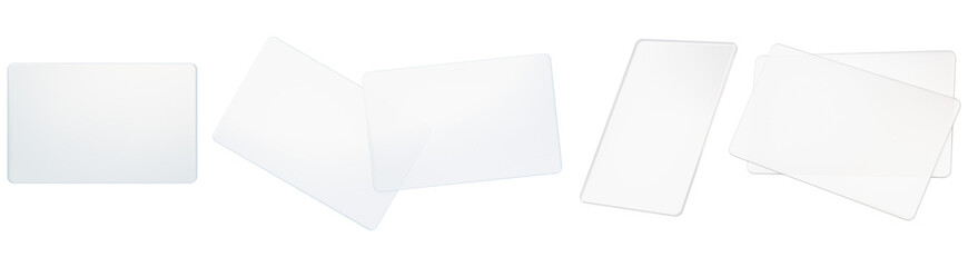 Set of translucent plastic business cards mockup in different views isolated on transparent background