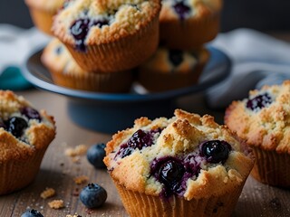 Freshly baked blueberry muffins with a crumbly topping, sweet and moist, genrative AI