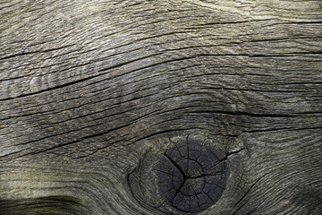 Background of aged wood with deep cracks and knots
