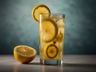 Freshly squeezed lemonade in a tall glass with ice cubes and a lemon slice, refreshing, genrative AI