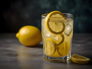 Freshly squeezed lemonade in a tall glass with ice cubes and a lemon slice, refreshing, genrative AI