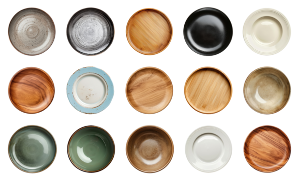 Big set of empty plates and bowls isolated on transparent background, top view