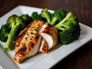 Grilled chicken breast with a side of steamed broccoli, healthy and delicious, genrative AI