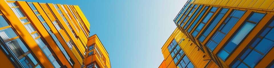 Obraz premium Elegant yellow apartment tower on the left, plain background for text on the right, urban environment