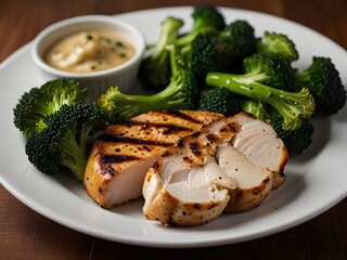 Grilled chicken breast with a side of steamed broccoli, healthy and delicious, genrative AI