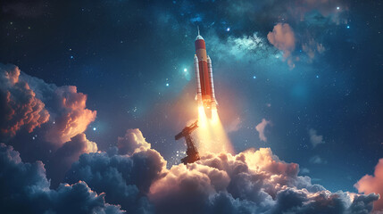 Concept of business product on a market. Spaceship takes off in the starry sky. Rocket space ship.Elements of this image furnished,Space Shuttle Launch.Deep space. Beauty of endless universe
